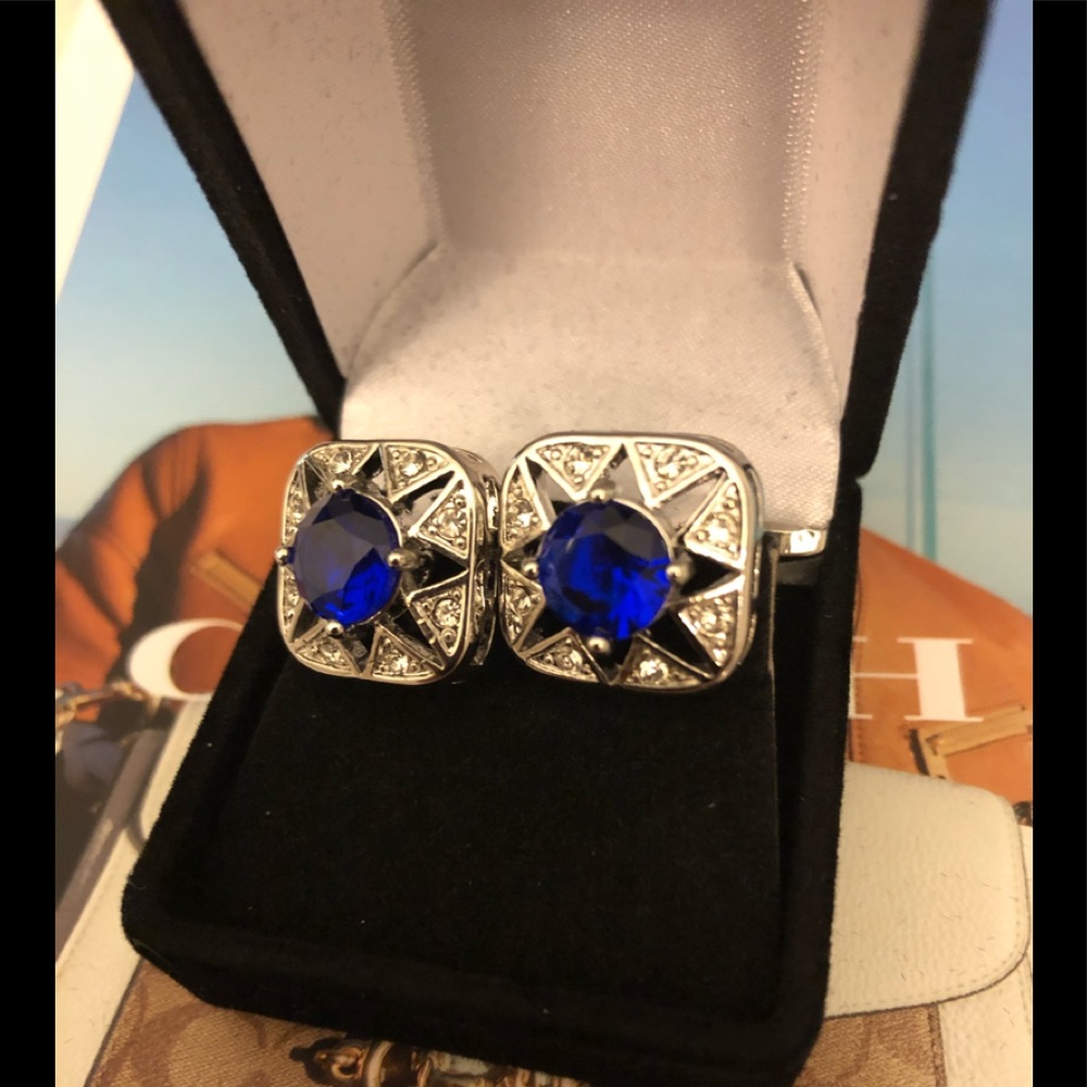 NWOT Silver Blue/Crystal Jeweled French Cufflinks